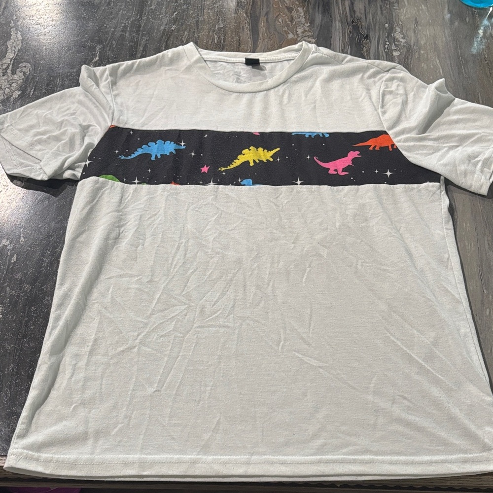 SHEIN White Tee with Colorful Dinosaur Print